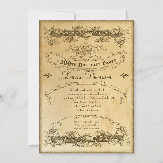 Tea Stained Vintage 100th Birthday Celebration Invitation (Front)
