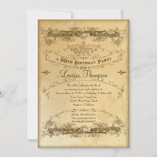 Tea Stained Vintage 90th Birthday Celebration Invitation