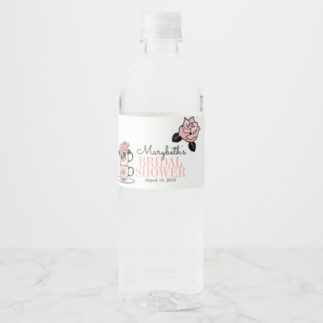 Tea Teacup Flower Bridal Shower Water Bottle Label (Front)