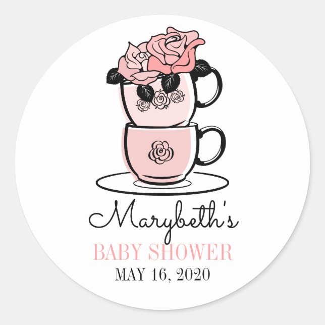 Tea Teacup & Flowers Baby Shower Favor Sticker (Front)