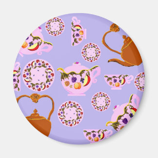 Tea! Teapot, Teacup, Plate, Teakettle Round Magnet