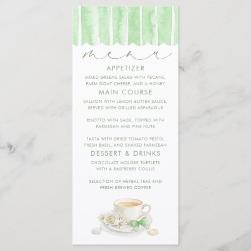 Tea Themed Green Baby Shower Menu Cards