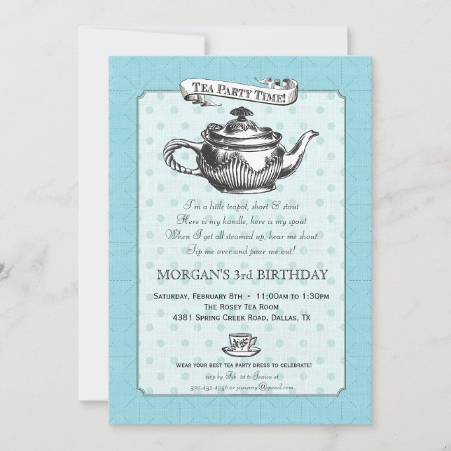 Tea Time Birthday Party Invitation - Aqua Blue (Front)