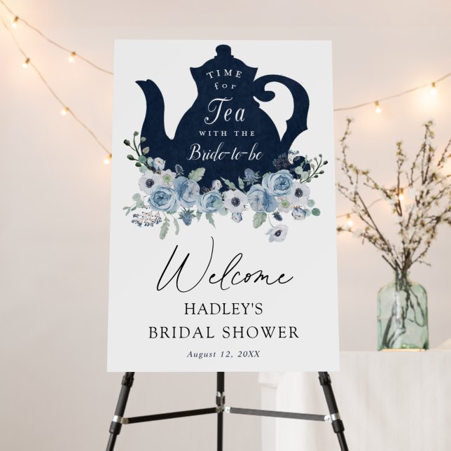 Tea Time Blue Bridal Shower Welcome Sign (In Situ (Stand))