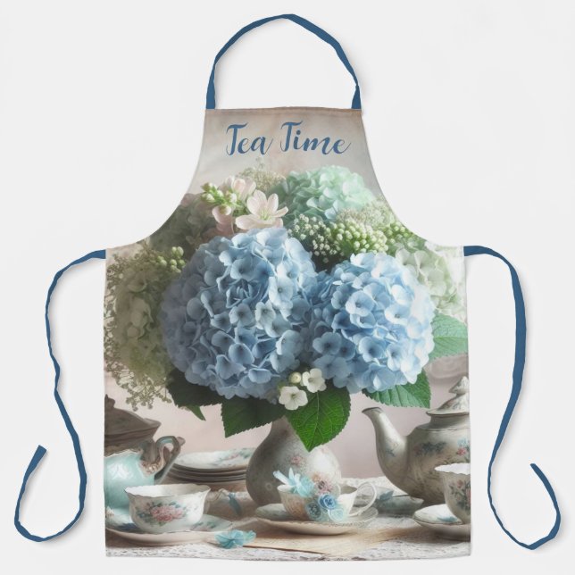 Tea Time Blue Hydrangea Floral  Apron (Front)