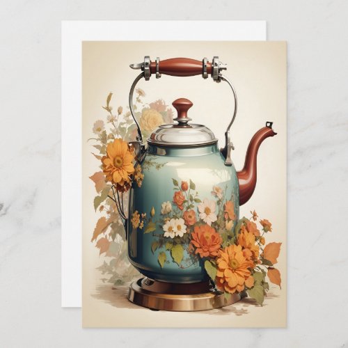 Tea Time Coffee Break Get Together Tea Pot Flowers Holiday Card