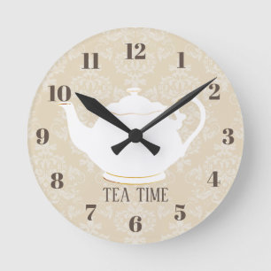 Tea Time Elegant Teapot Cream Damask Round Clock