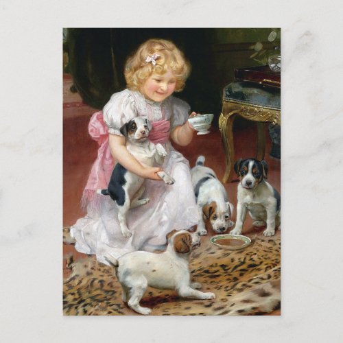 Tea Time for Fox Terrier Puppies Vintage Dog Art Postcard