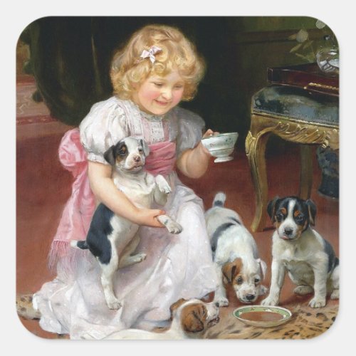 Tea Time for Fox Terrier Puppies Vintage Dog Art Square Sticker