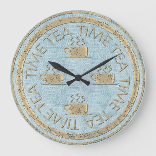 Tea Time Gold on Pastel Blue Large Clock