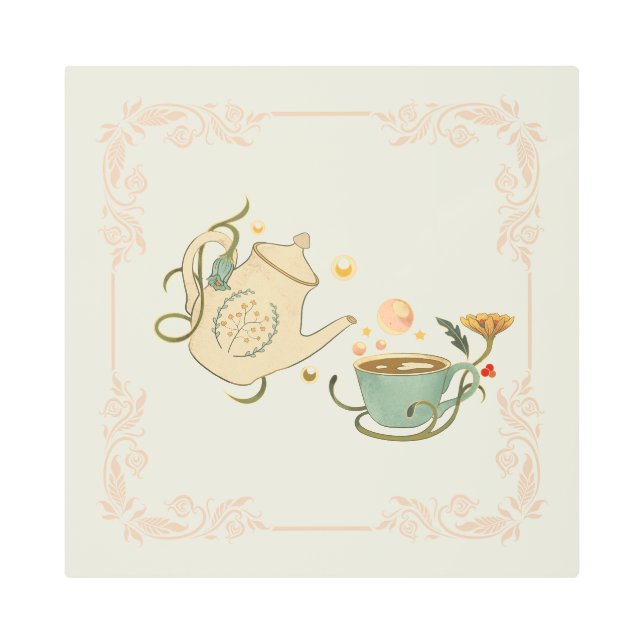Tea Time Graphic Design, Light Beige Background Metal Print (Front)