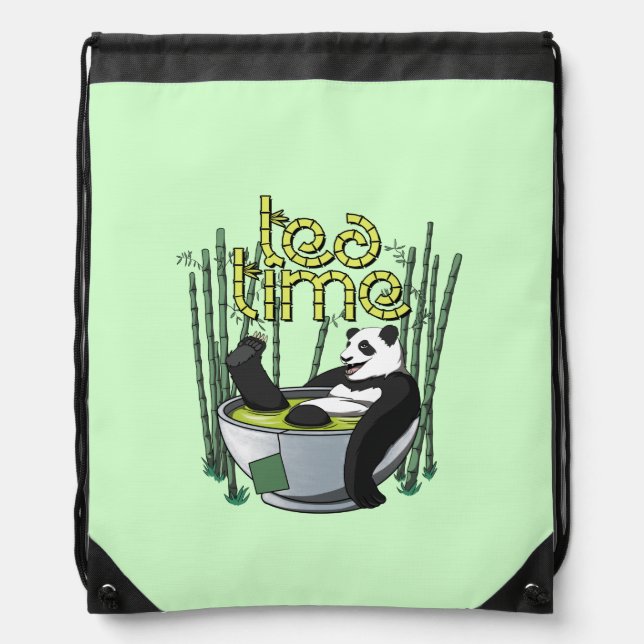 Tea Time Happy Panda Drawstring Bag (Front)