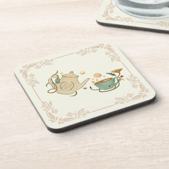 Tea Time Illustration, Beige Nature Graphic Art Beverage Coaster (Left Side)