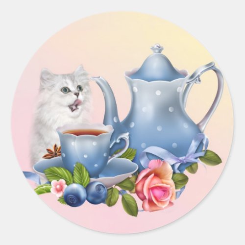 Tea time kitten classic round sticker