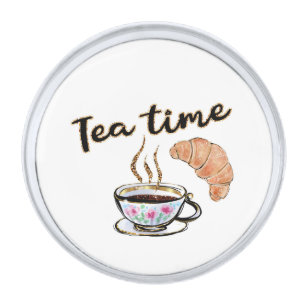 Tea time Lapel Pin, Tea Accessories, tea party Sil Silver Finish Lapel Pin