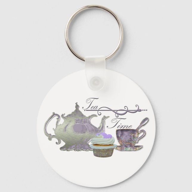 Tea Time! Lilac Teapot, Teacup and Cupcake Art Keychain (Front)