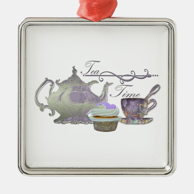 Tea Time! Lilac Teapot, Teacup and Cupcake Art Metal Ornament (Front)