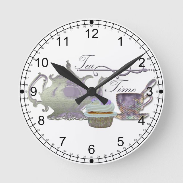 Tea Time! Lilac Teapot, Teacup and Cupcake Art Round Clock (Front)
