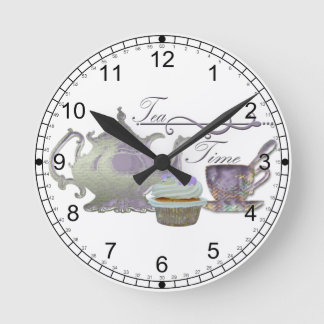 Tea Time! Lilac Teapot, Teacup and Cupcake Art Round Clock
