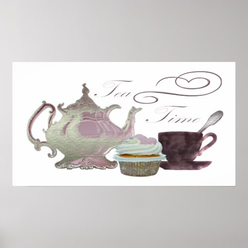 Tea time lilac teapot teacup and cupcake Poster