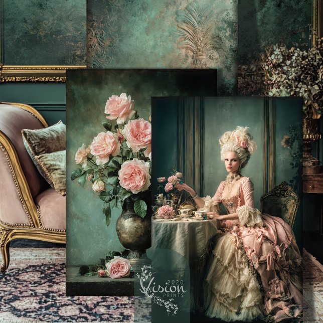 Tea Time Mary Antoinette Heavy Weight Decoupage  Wrapping Paper Sheets (Tea Time Mary Antoinette Portrait Art Vintage Still Life Emerald Green Patina Heavy Weight Decoupage)