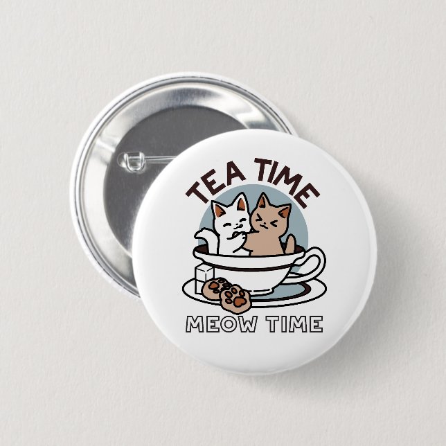 Tea Time Meow Time - Cute Cat and Tea Design Button (Front & Back)
