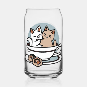 Tea Time Meow Time - Cute Cat and Tea Design Can Glass