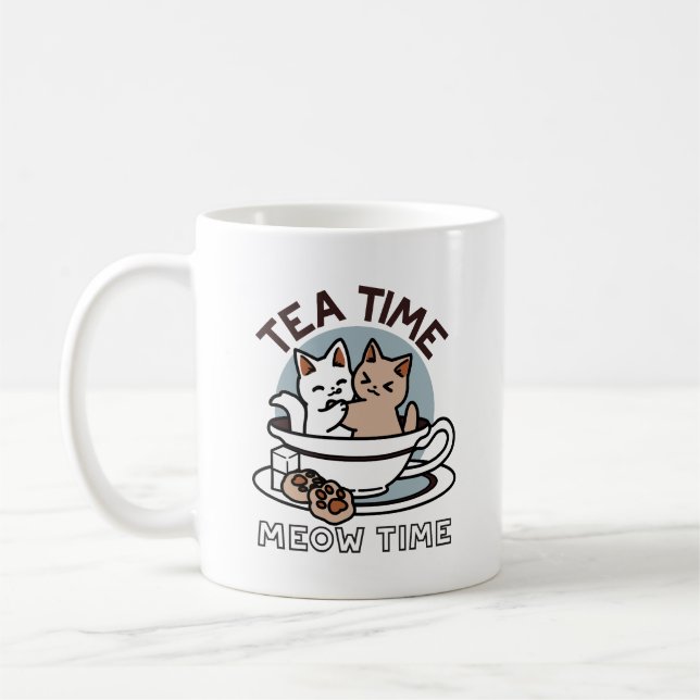 Tea Time Meow Time - Cute Cat and Tea Design Coffee Mug (Left)