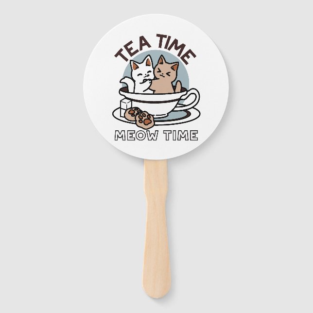 Tea Time Meow Time - Cute Cat and Tea Design Hand Fan (Front)