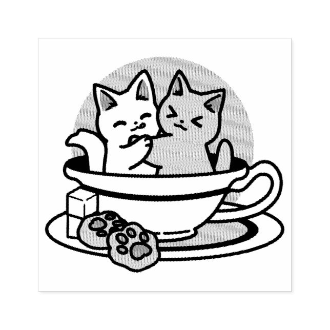 Tea Time Meow Time - Cute Cat and Tea Design Rubber Stamp (Imprint)