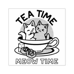 Tea Time Meow Time - Cute Cat and Tea Design Rubber Stamp