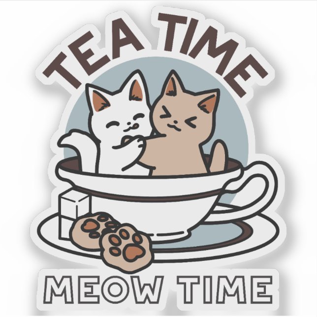 Tea Time Meow Time - Cute Cat and Tea Design Sticker (Front)