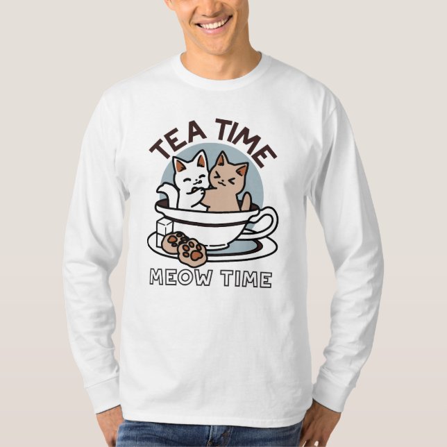 Tea Time Meow Time - Cute Cat and Tea Design T-Shirt (Front)