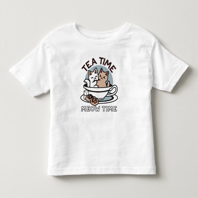 Tea Time Meow Time - Cute Cat and Tea Design Toddler T-shirt (Front)