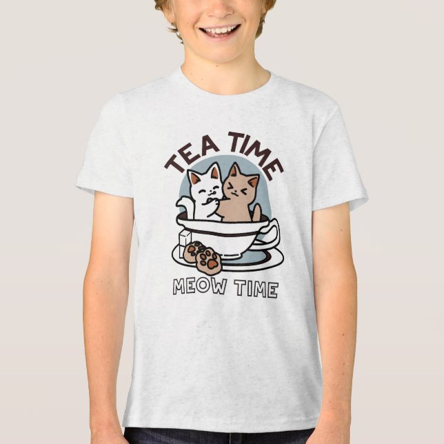 Tea Time Meow Time - Cute Cat and Tea Design Tri-Blend Shirt (Front)