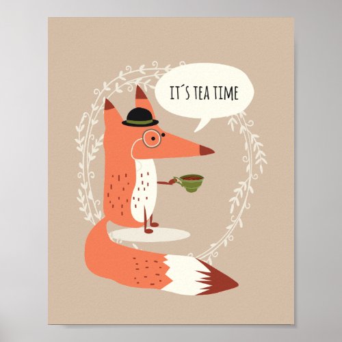 Tea time monocle count fox illustration poster