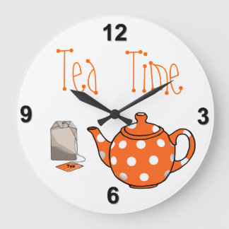 Tea Time Orange & White Kitchen Large Clock