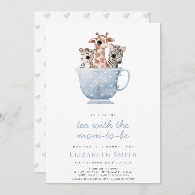 Tea Time Party Baby Animals Blue Boy Baby Shower Invitation (Front/Back)
