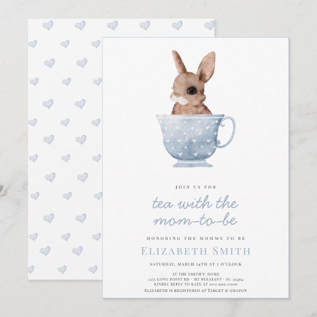 Tea Time Party Cute Bunny Blue Boy Baby Shower Invitation (Front/Back)
