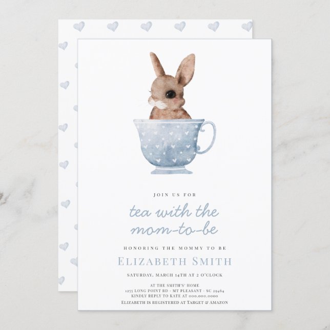 Tea Time Party Cute Bunny Blue Boy Baby Shower Invitation (Front/Back)