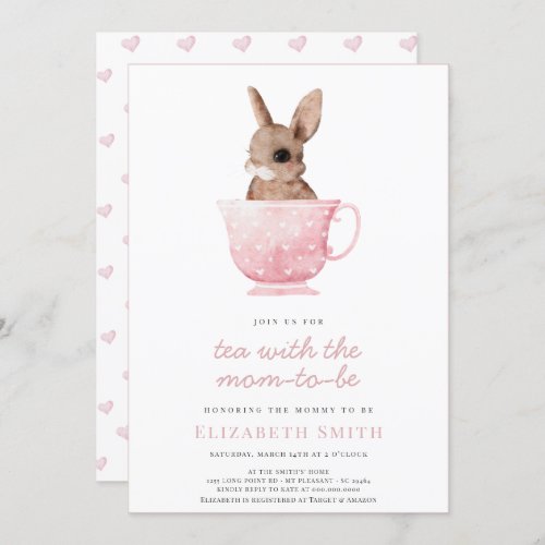 Tea Time Party Cute Bunny Pink Girl Baby Shower Invitation