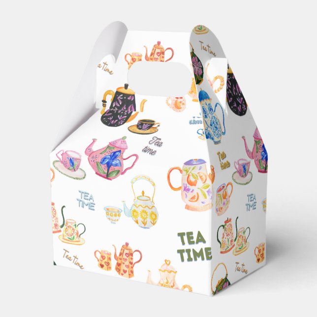 tea time pattern - tea cups and tea pot in favor boxes (Front Side)