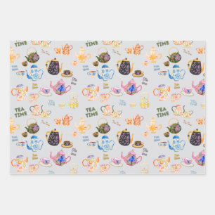 tea time pattern - tea cups and tea pot in wrapping paper sheets