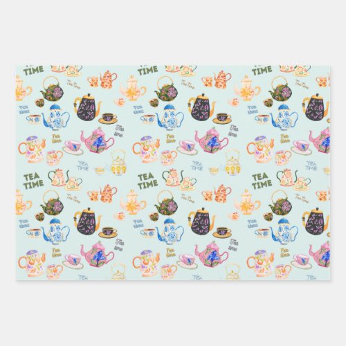 tea time pattern _ tea cups and tea pot in wrapping paper sheets