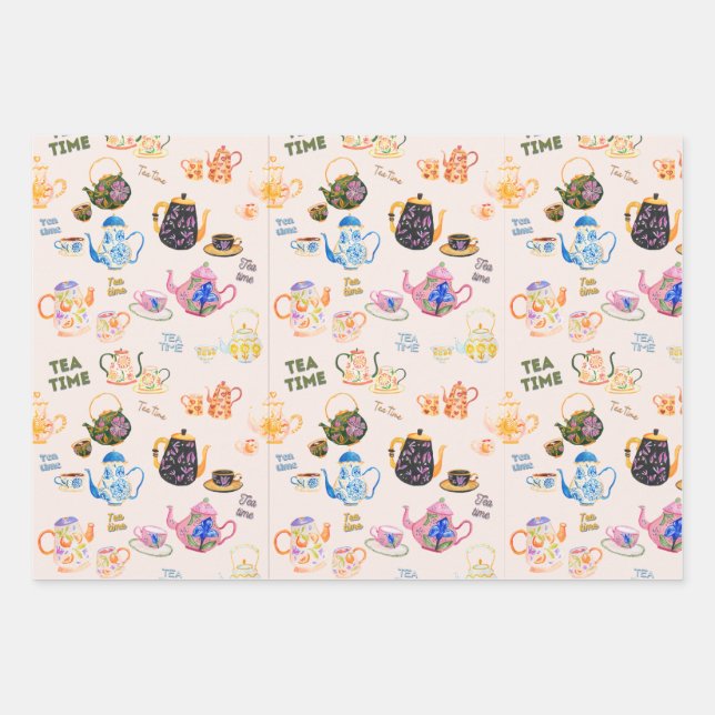 tea time pattern - tea cups and tea pot in wrapping paper sheets (Front)