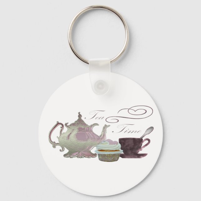 Tea Time Pink Cupcake Hearts Art Keychain (Front)
