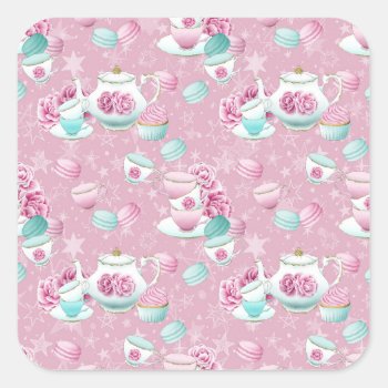 Tea Time Pink/turquoise Square Sticker by JLBIMAGES at Zazzle