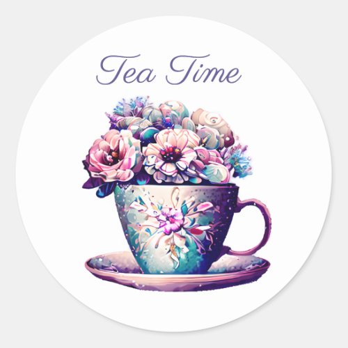 Tea Time  Pretty Vintage Tea Cup full of Flowers Classic Round Sticker