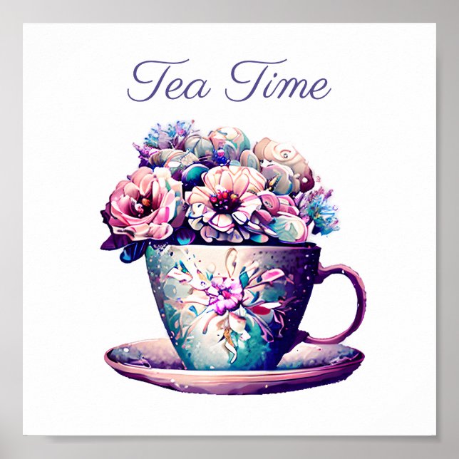 Tea Time | Pretty Vintage Tea Cup full of Flowers Poster (Front)