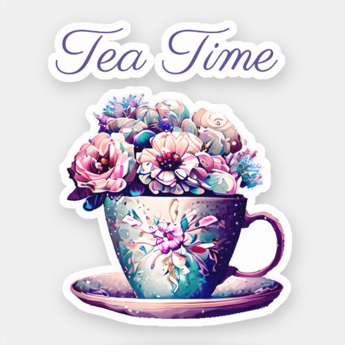 Tea Time  Pretty Vintage Tea Cup full of Flowers Sticker